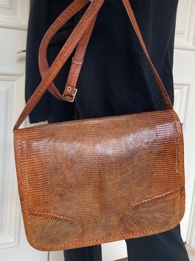 Vintage Genuine Lizard Leather Crossbody Bag Tan Cognac Boho Shoulder Purse